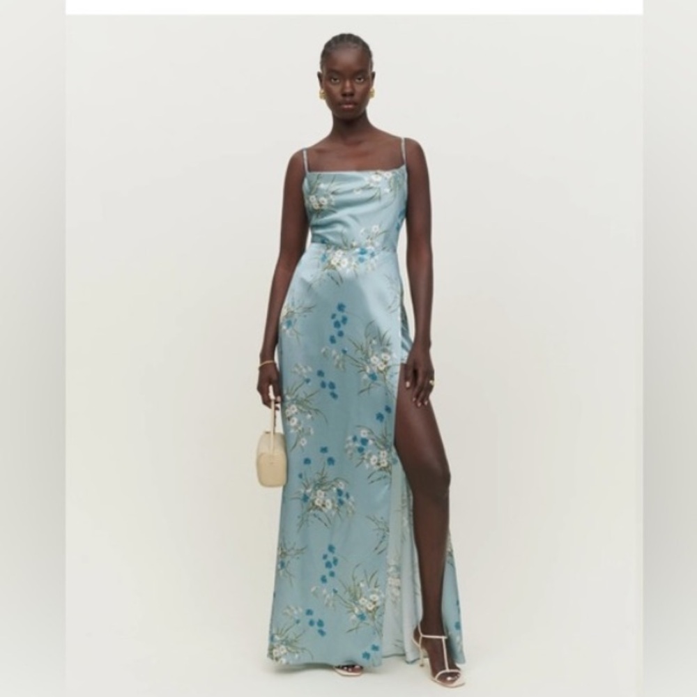 Reformation Devora Silk Maxi Dress Lago Blue Floral 2 Wedding Guest Bridesmaid - Picture 3 of 7